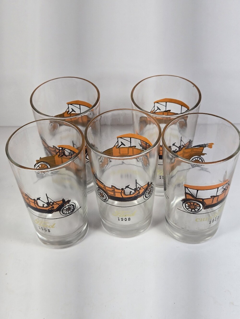 Vintage Atlas Glass Tumblers 1908 Mode T Ford and 1913 Chevrolet On Each Glass
